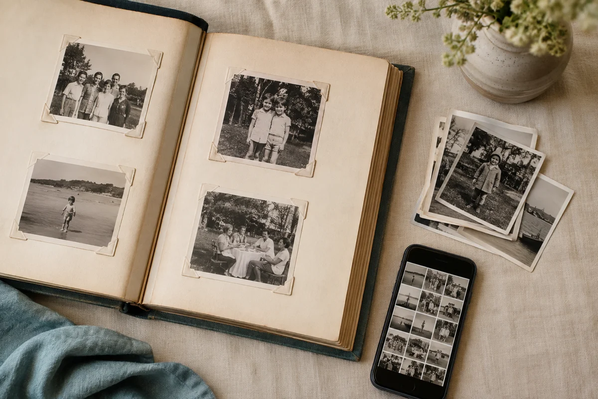 Illustrative scene of family prints, an open album and a phone on a linen-covered table